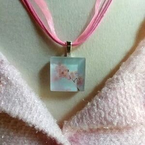 Cherry blossoms glass pendant necklace